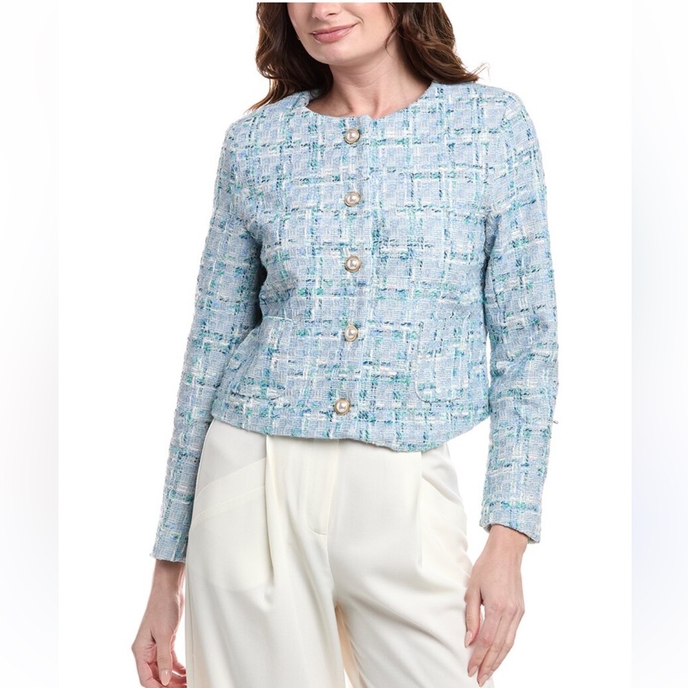 Nanette Lepore Tweed Blue Pearl Button Blazer Jacket Sz L